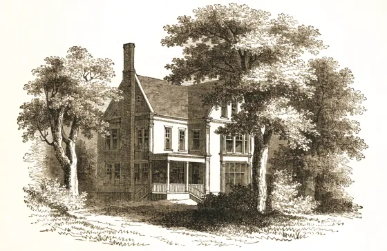 An older house with a steep roof and mature trees, drawn as an engraving