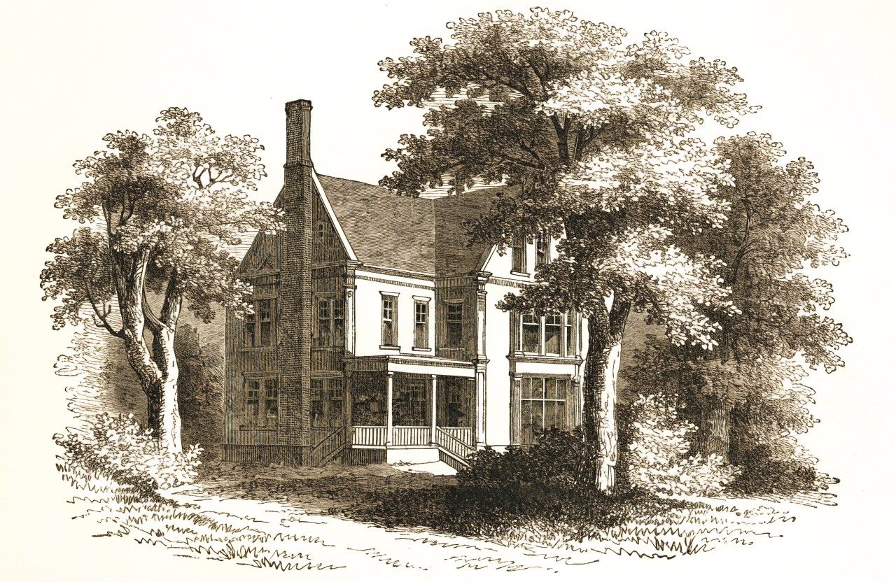 An older house with a steep roof and mature trees