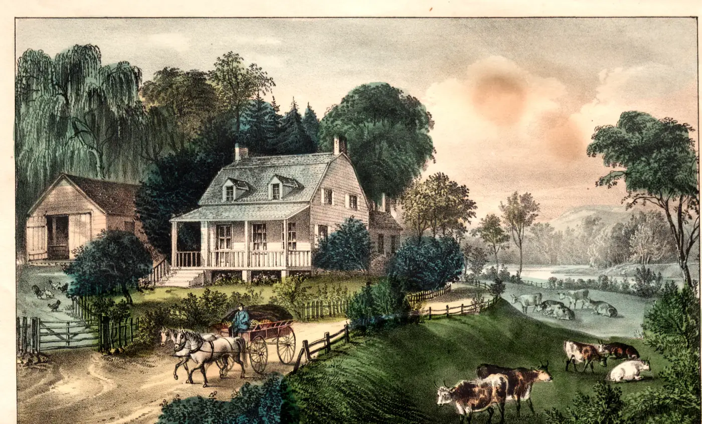 American Homestead Summer, a Currier and Ives lithograph of a farmhouse in full summer