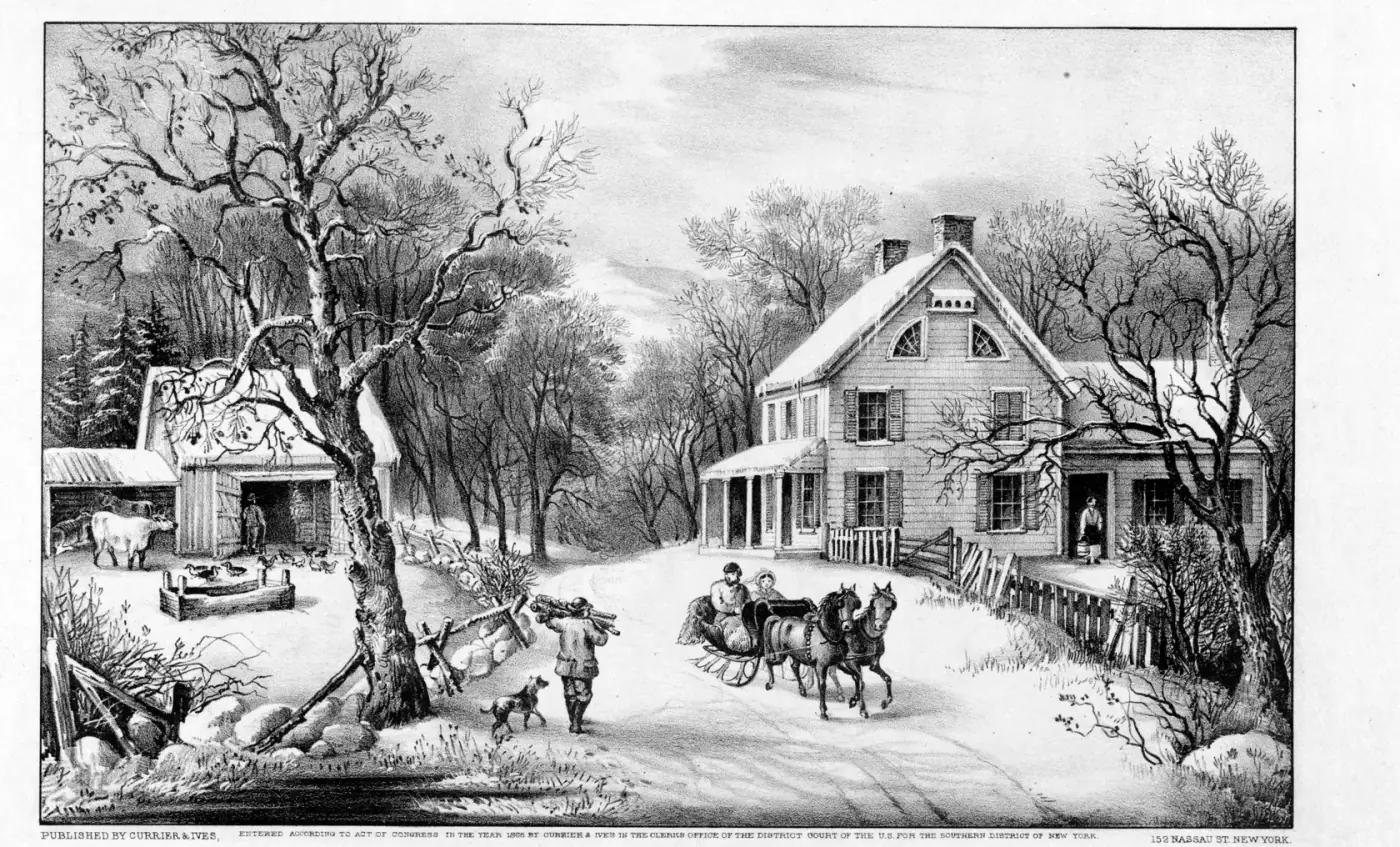 American Homestead Winter, a Currier and Ives lithograph of a farmhouse, barn and horse-drawn sleigh in snow
