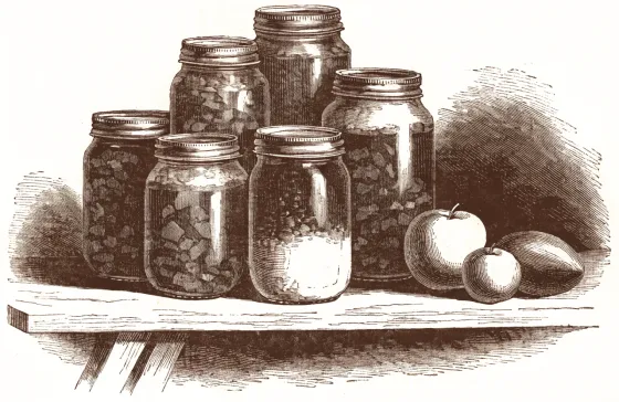 Home-canned jars cooling on a kitchen cloth, drawn as an engraving
