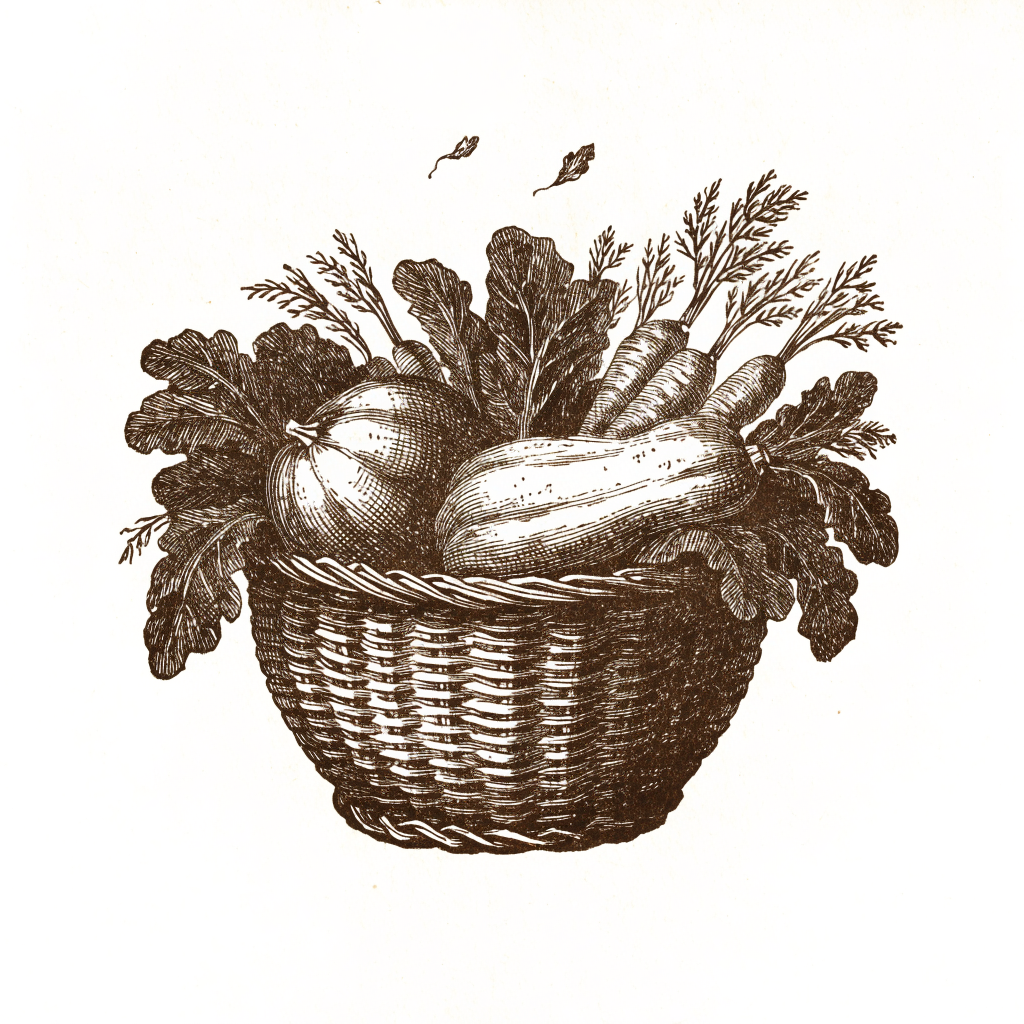 A basket of harvest with falling leaves