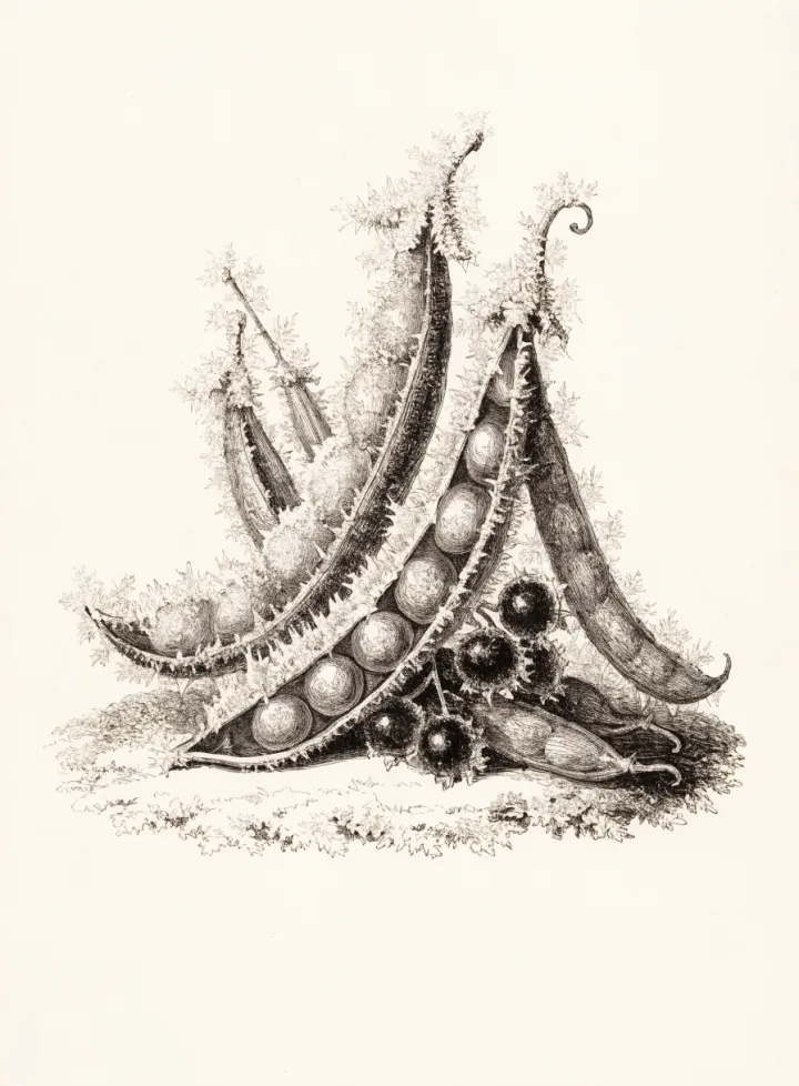 Frosted pea pods and berries rimed with ice, drawn as an engraving