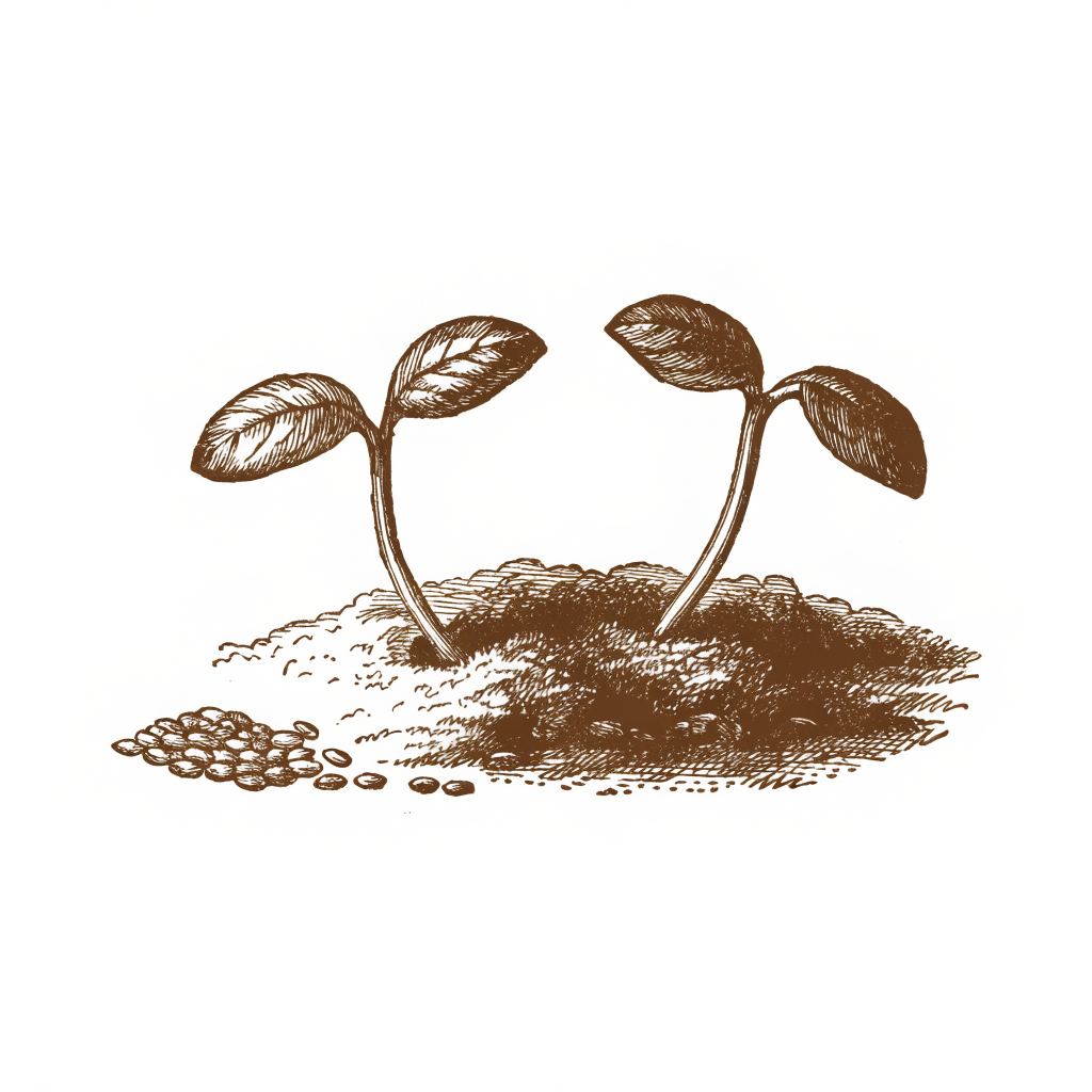 Seeds, a seed packet, and small sprouts