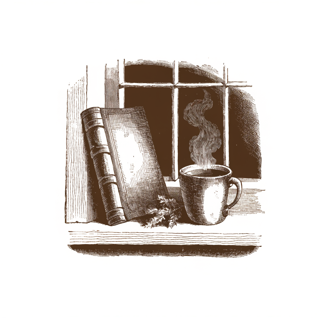 An open almanac book by a hearth and a frosted branch