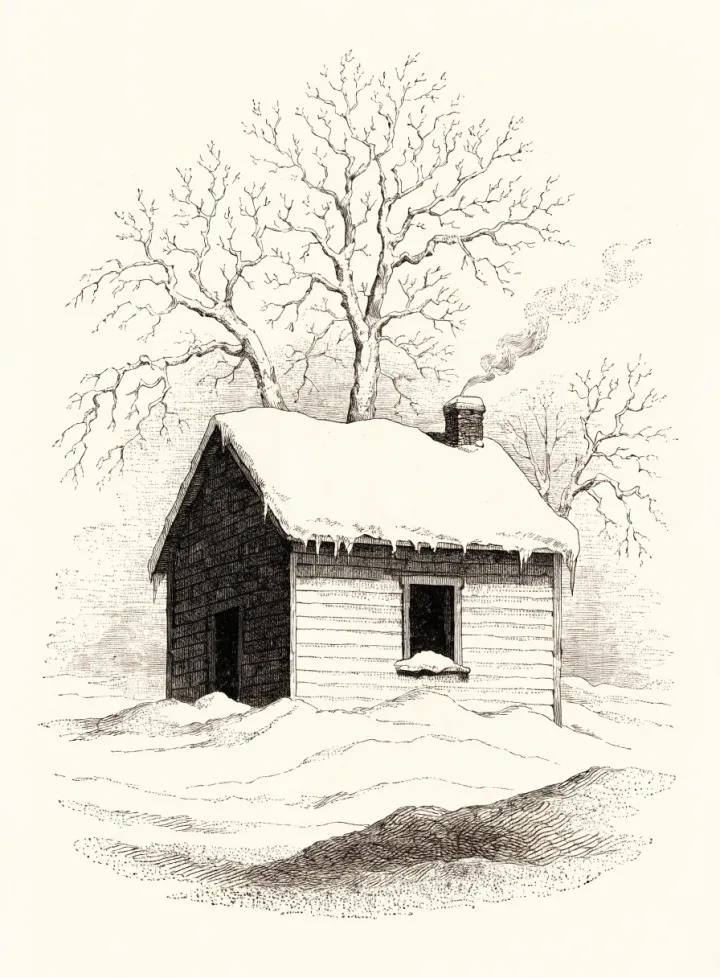 A clapboard house under snow with smoke from the chimney, drawn as an engraving
